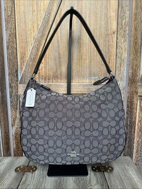 Coach F29959 Signature Jacquard Zip Shoulder Bag in Black/Smoke Silver Tag
